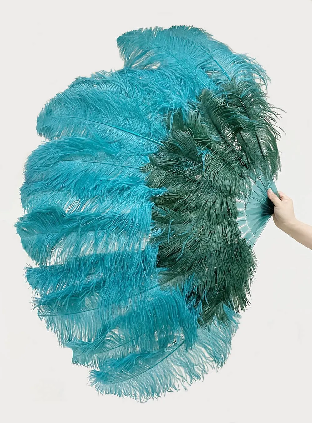 Mix forest green & Teal 2 Layers Ostrich Feather Fan 30''x 54'' with Travel leather Bag