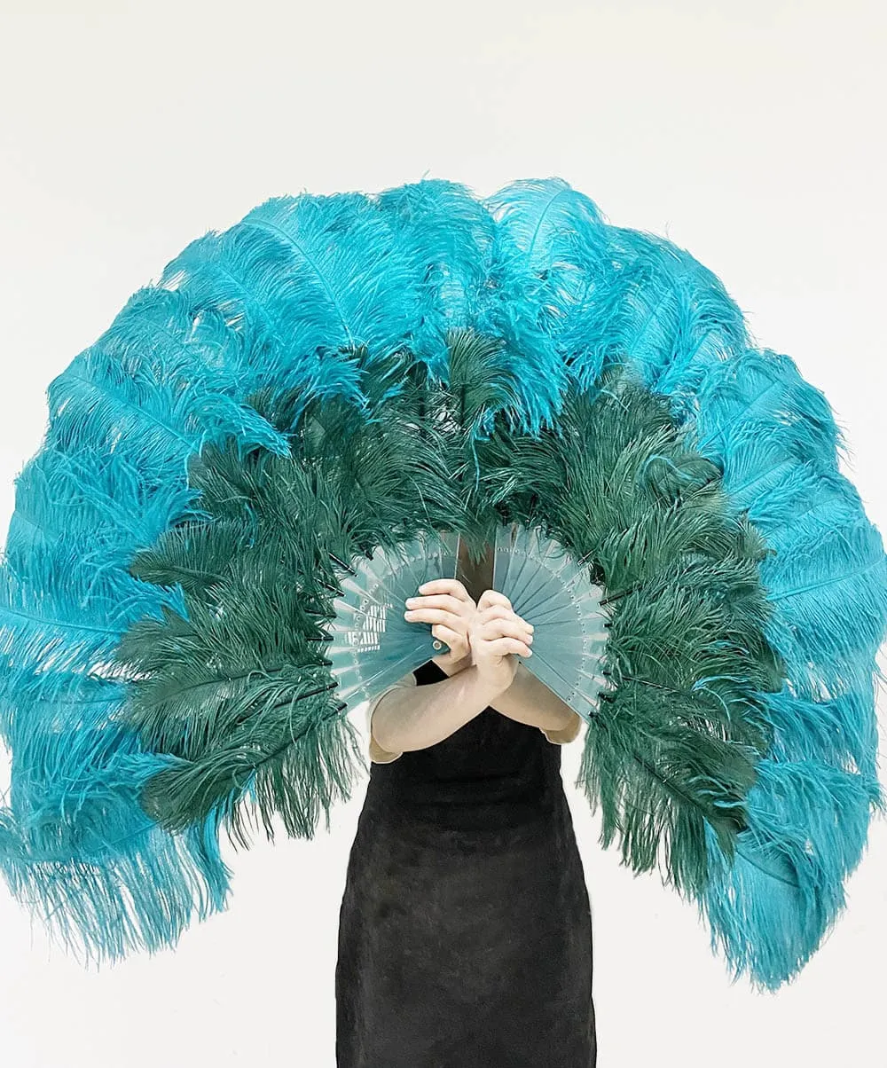 Mix forest green & Teal 2 Layers Ostrich Feather Fan 30''x 54'' with Travel leather Bag