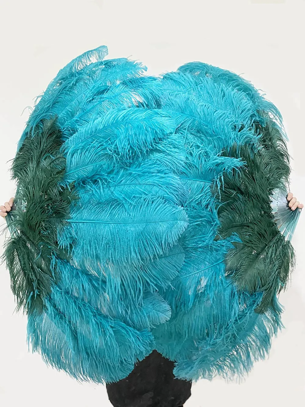 Mix forest green & Teal 2 Layers Ostrich Feather Fan 30''x 54'' with Travel leather Bag