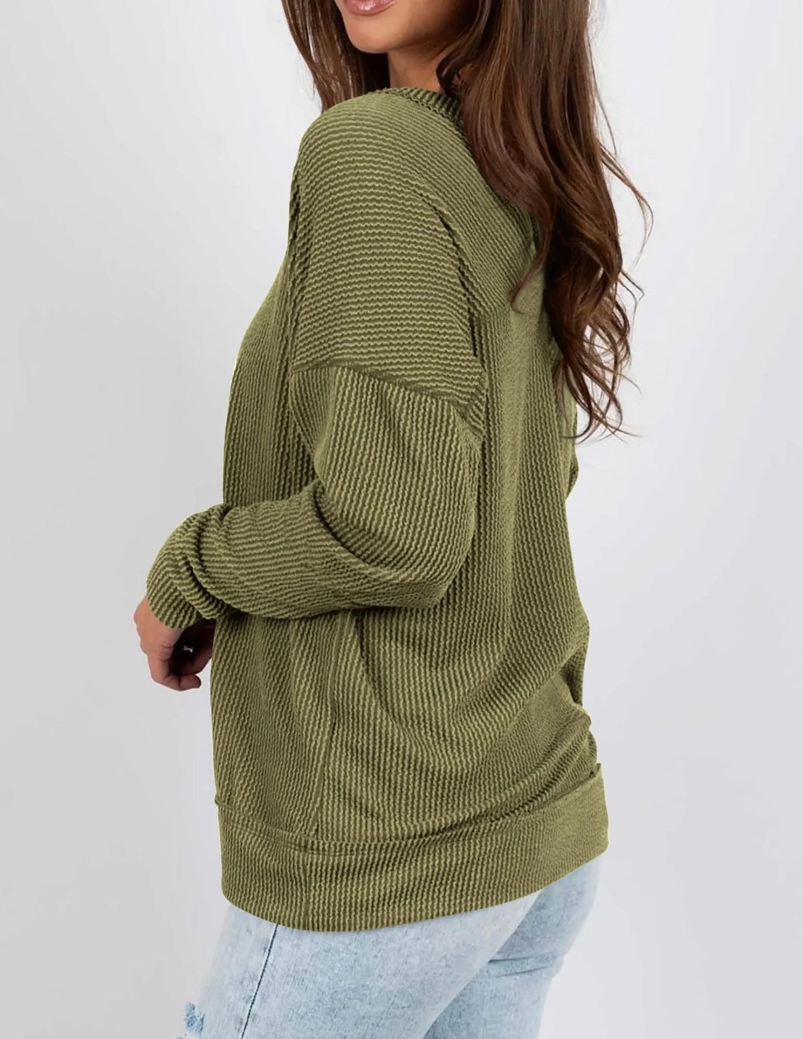 PRETTYGARDEN Women's 2024 Fall Casual Long Sleeve Going Out Tops Ribbed V Neck Loose Fit Trendy Cute T Shirts Tee Blouses (Army Green,Medium)