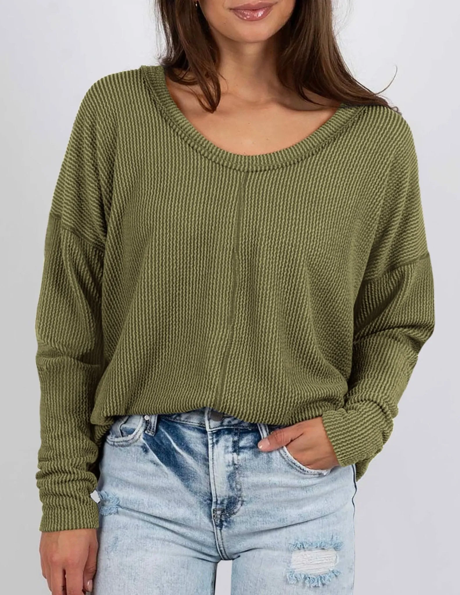 PRETTYGARDEN Women's 2024 Fall Casual Long Sleeve Going Out Tops Ribbed V Neck Loose Fit Trendy Cute T Shirts Tee Blouses (Army Green,Medium)