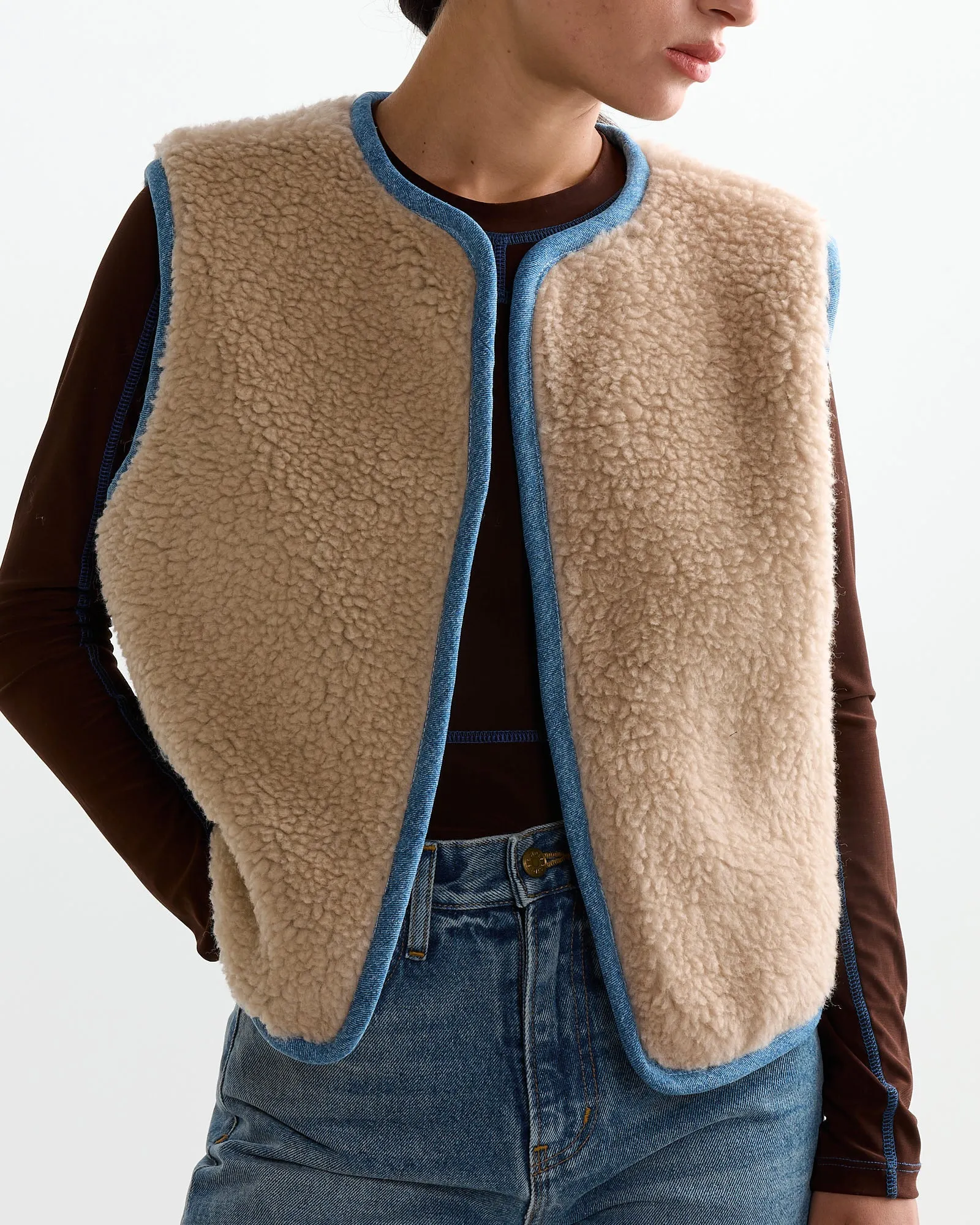 Reversible Rework Denim Sherpa Vest in Oatmeal