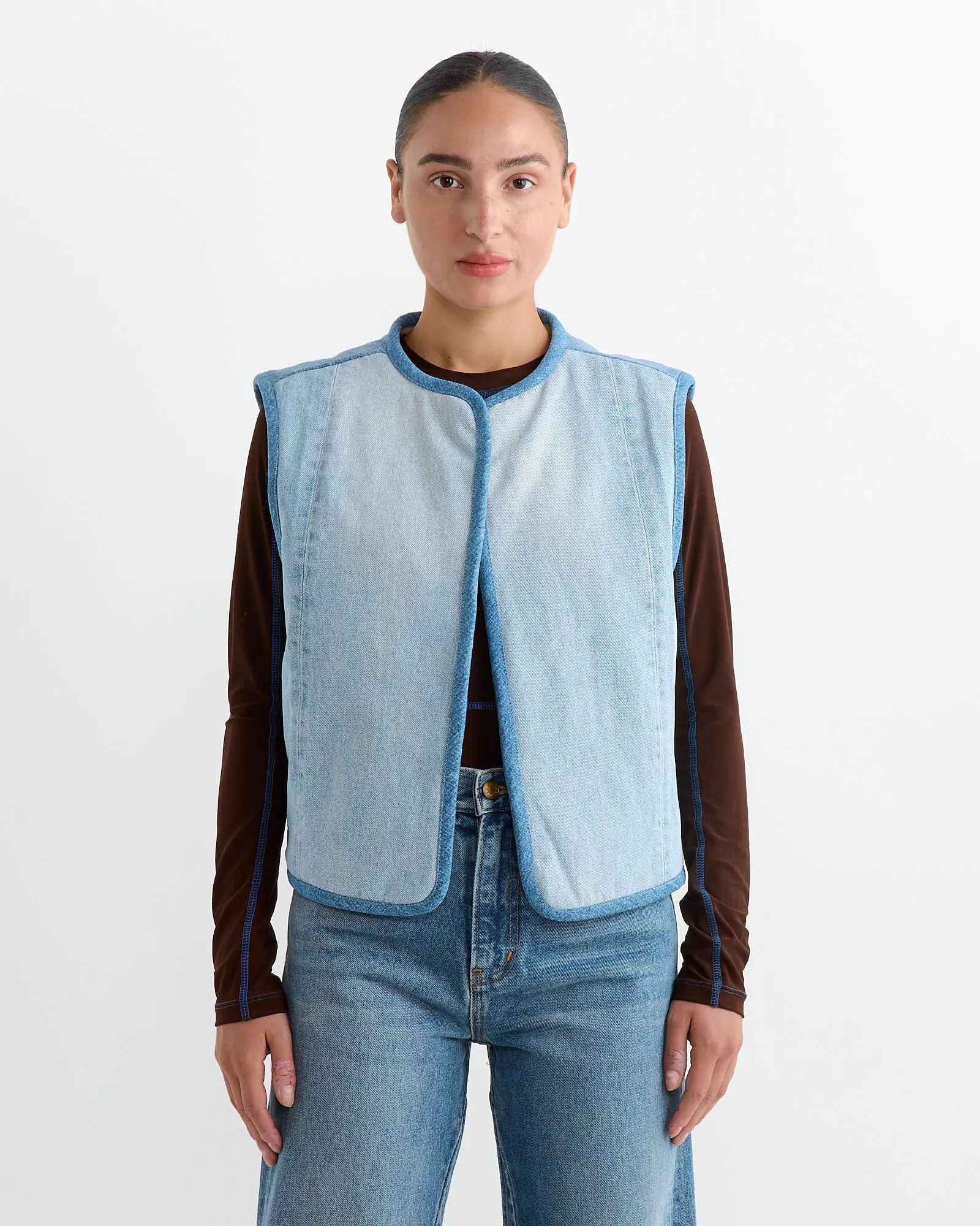 Reversible Rework Denim Sherpa Vest in Oatmeal