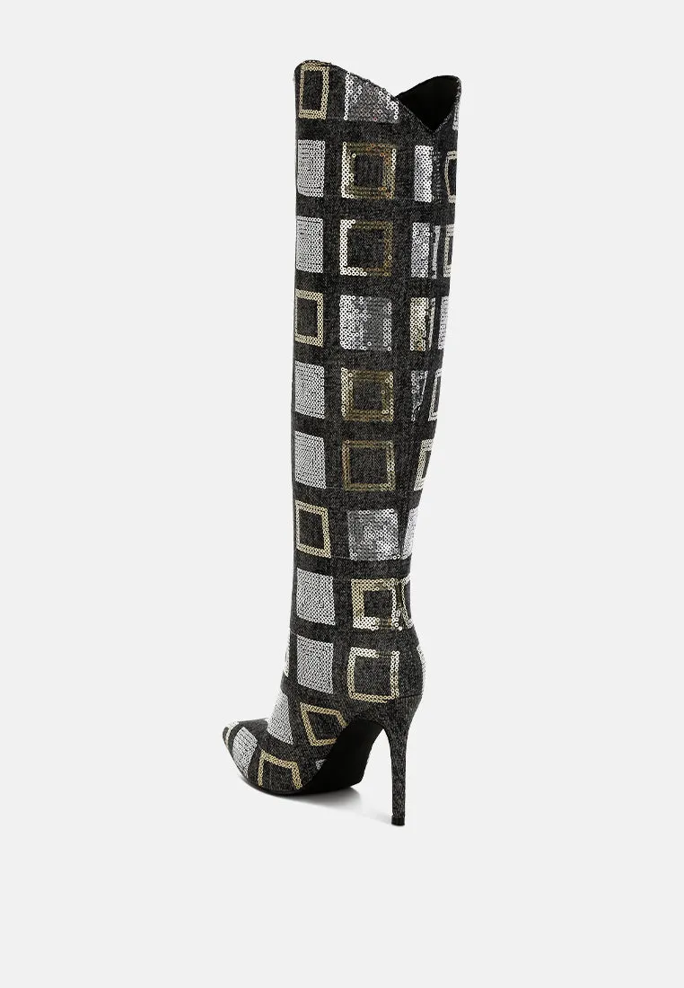 Sharmin Checkered Sequin Knee High Boots