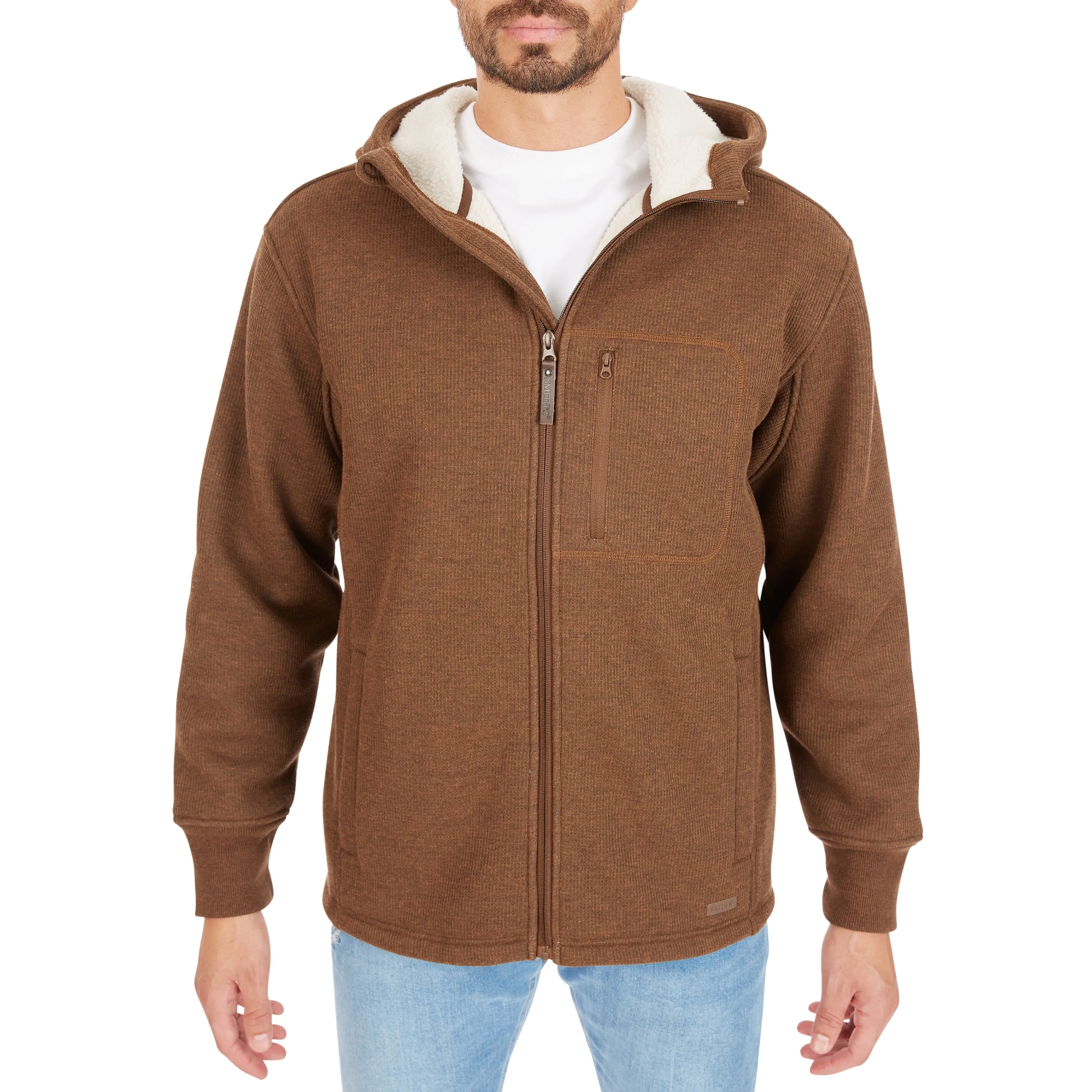 SHERPA-LINED HEATHERED THERMAL HOODED FULL-ZIP SHIRT-JACKET