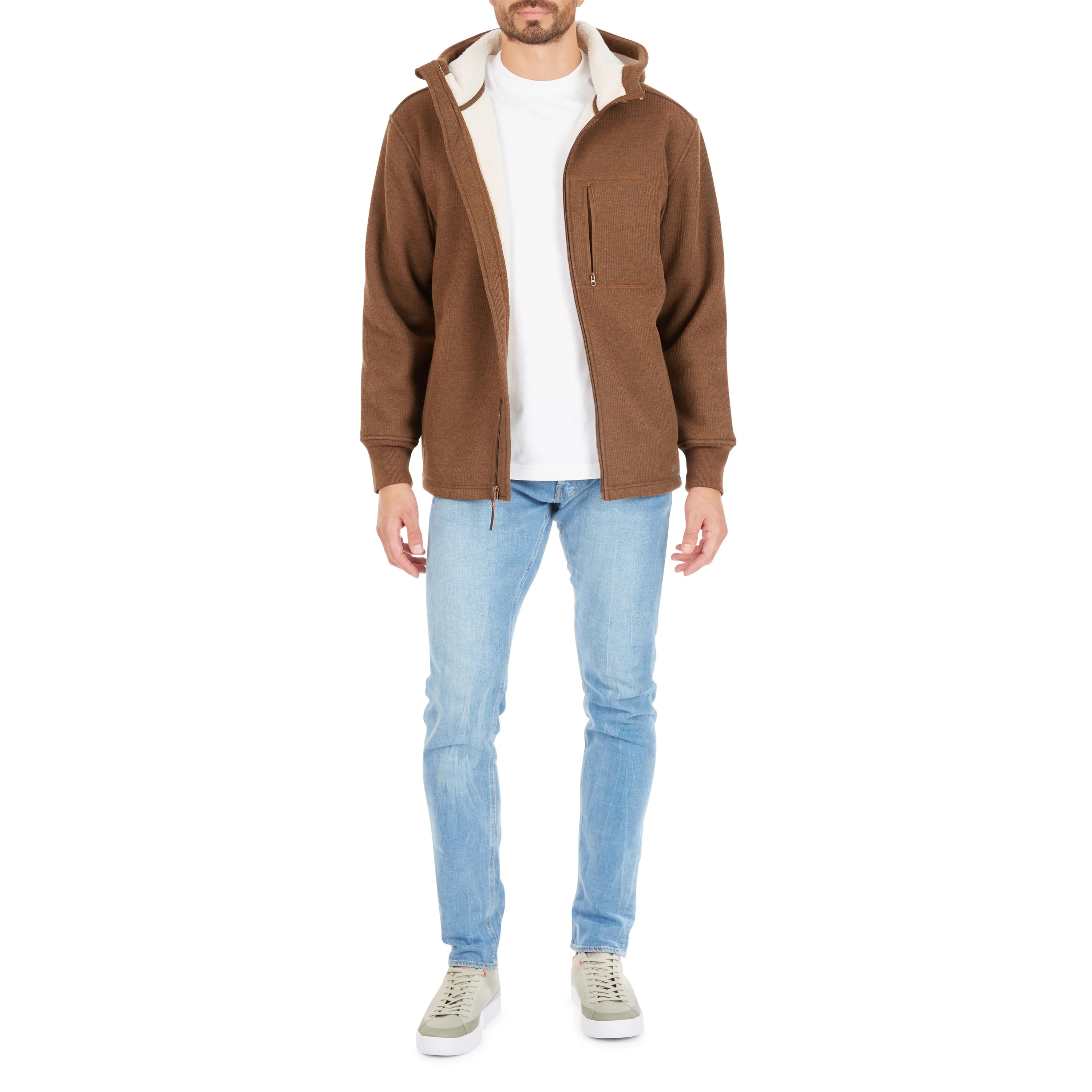 SHERPA-LINED HEATHERED THERMAL HOODED FULL-ZIP SHIRT-JACKET