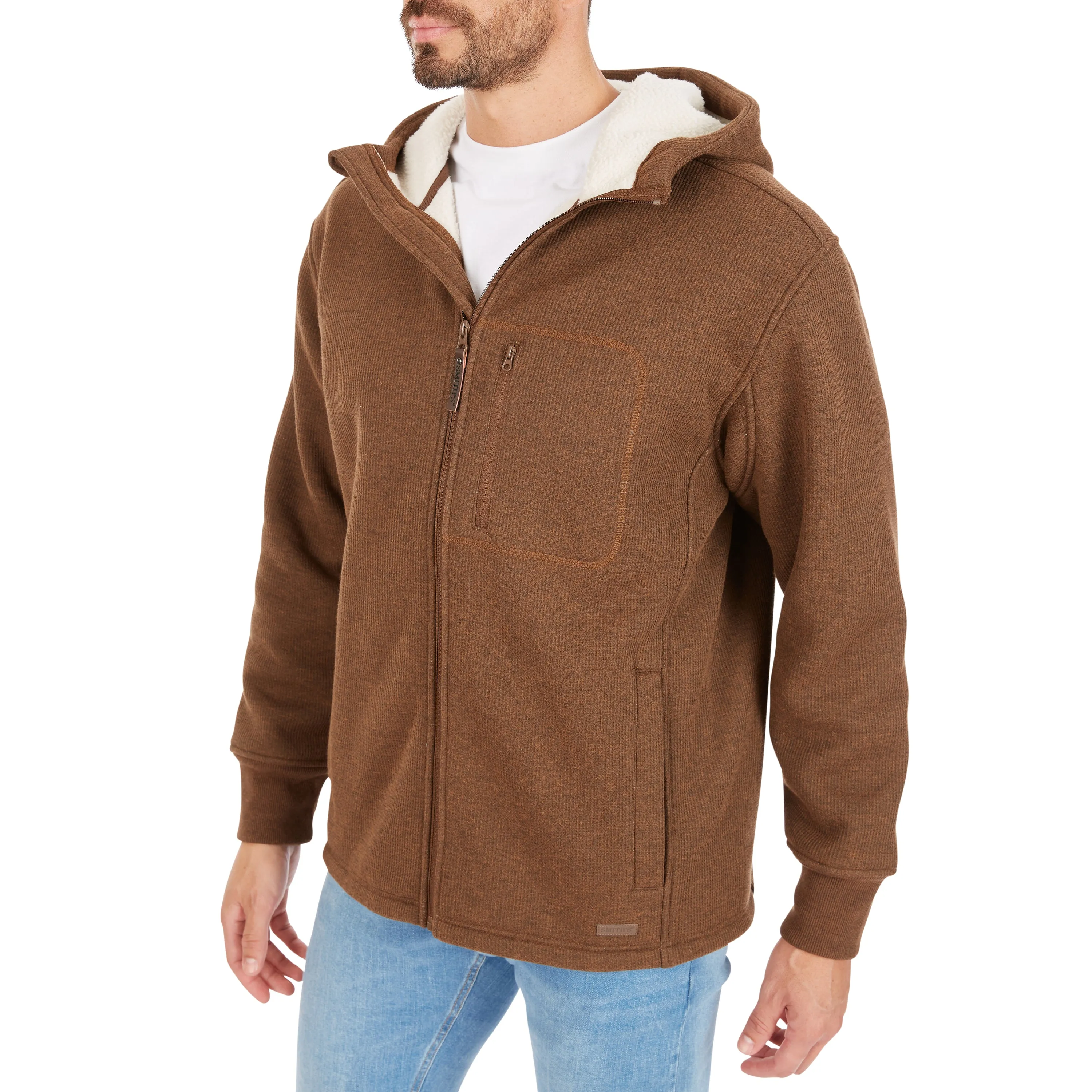 SHERPA-LINED HEATHERED THERMAL HOODED FULL-ZIP SHIRT-JACKET