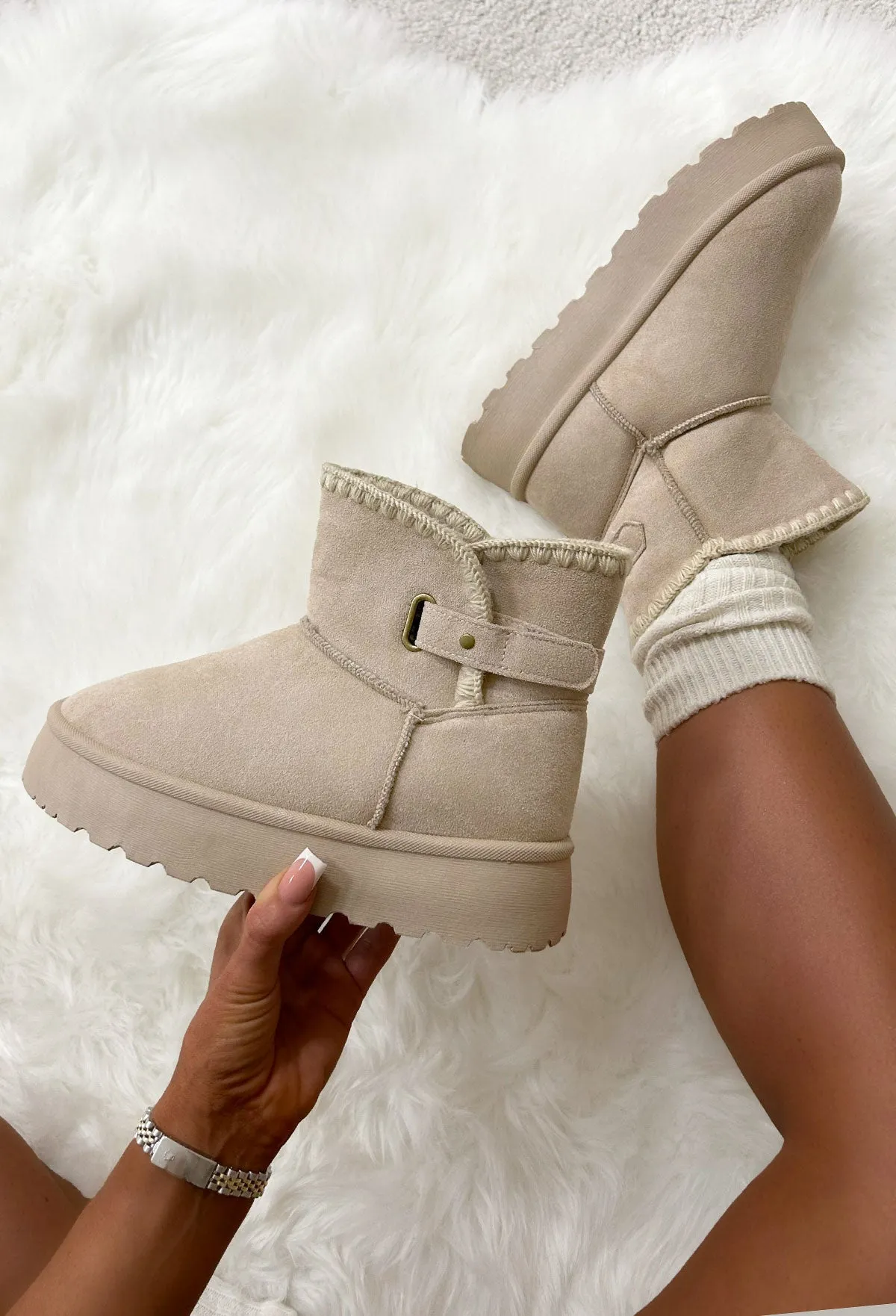 Step On Up Cream Stitch Platform Faux Fur Boots