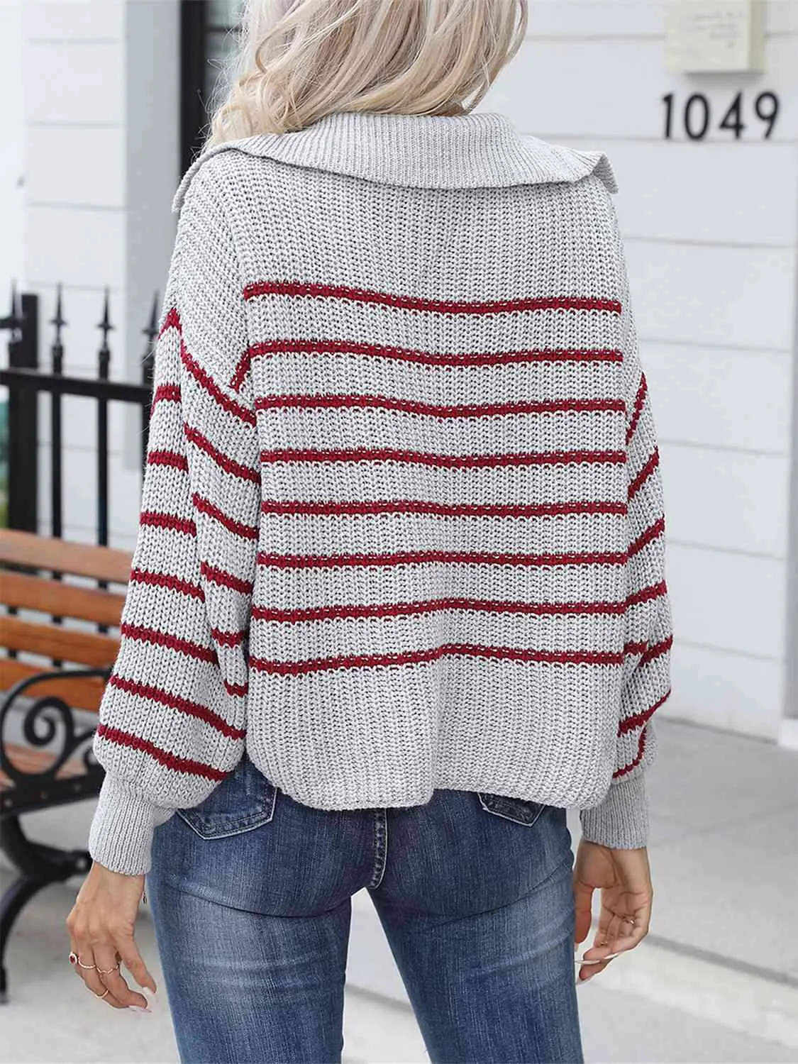 Striped Johnny Collar Rib-Knit Sweater