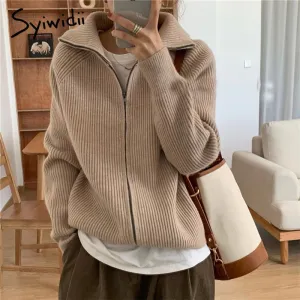 Sweaters Woman Fall Winter 2021 Double Zipper Korean Knitted Jackets Sailor Collar Vintage Oversized Coats