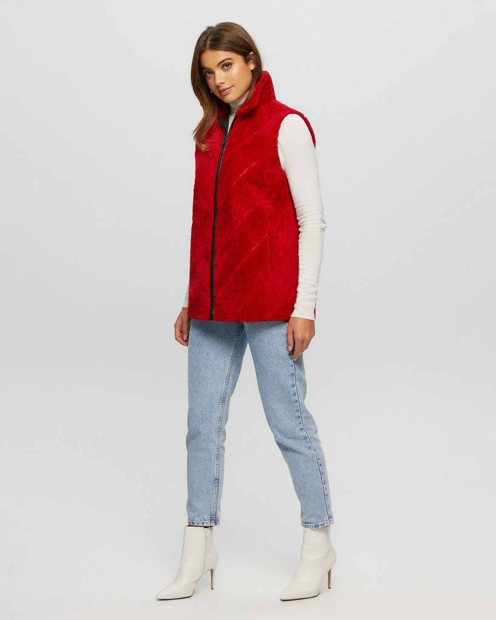 Textured Shearling Lamb Zip Vest Reversible To Taffeta