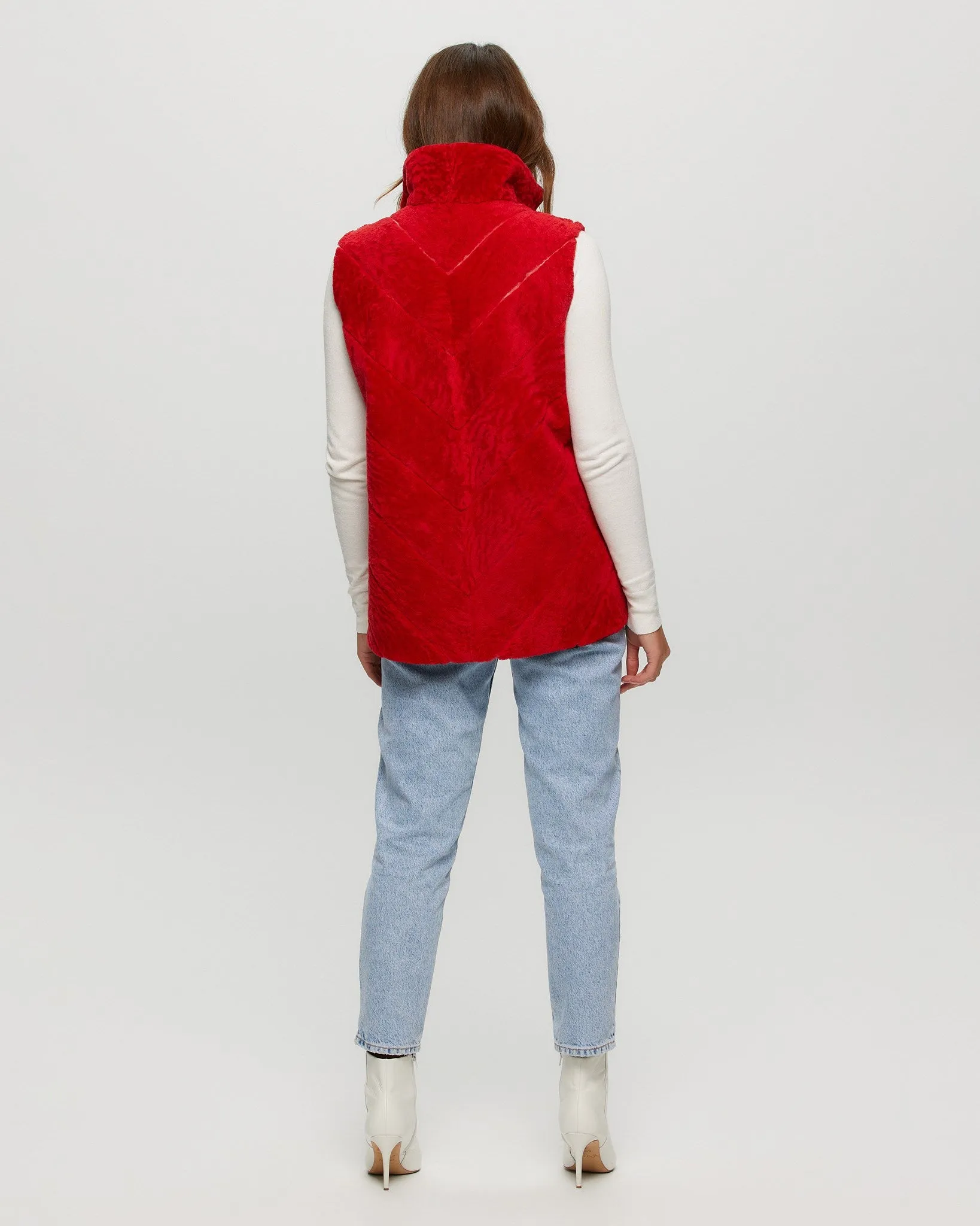 Textured Shearling Lamb Zip Vest Reversible To Taffeta