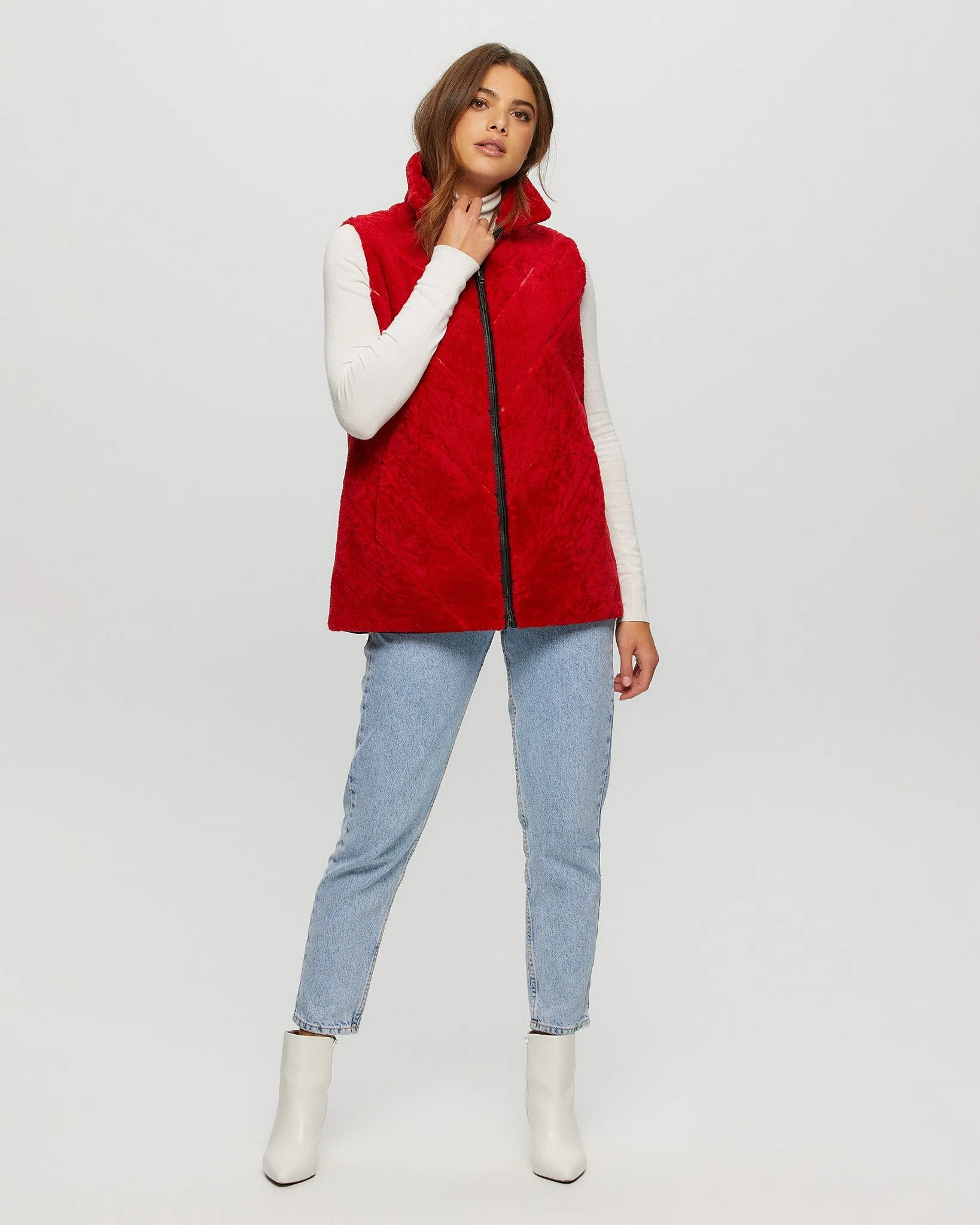 Textured Shearling Lamb Zip Vest Reversible To Taffeta