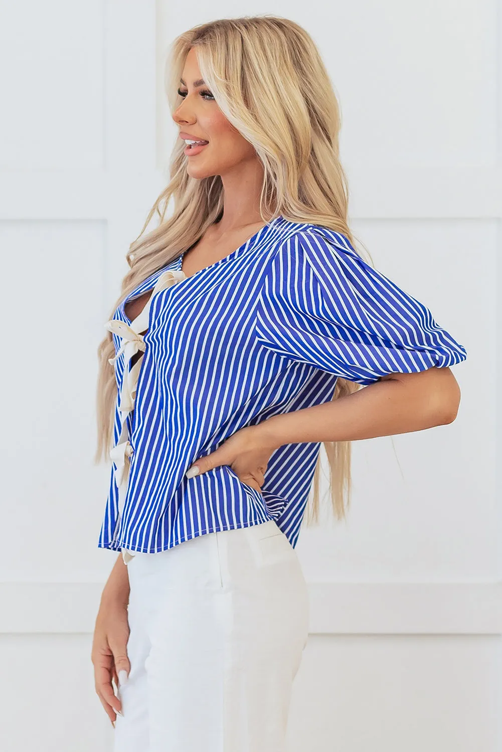 Tied Front Puff Short Sleeve Blouse