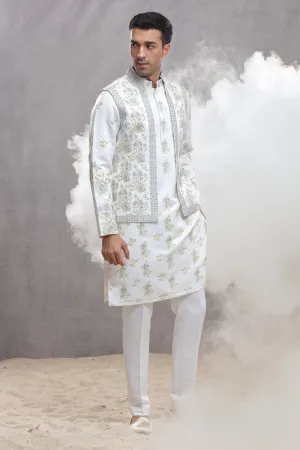 White Silk Koti & Kurta with Hand Paint & Embroidery