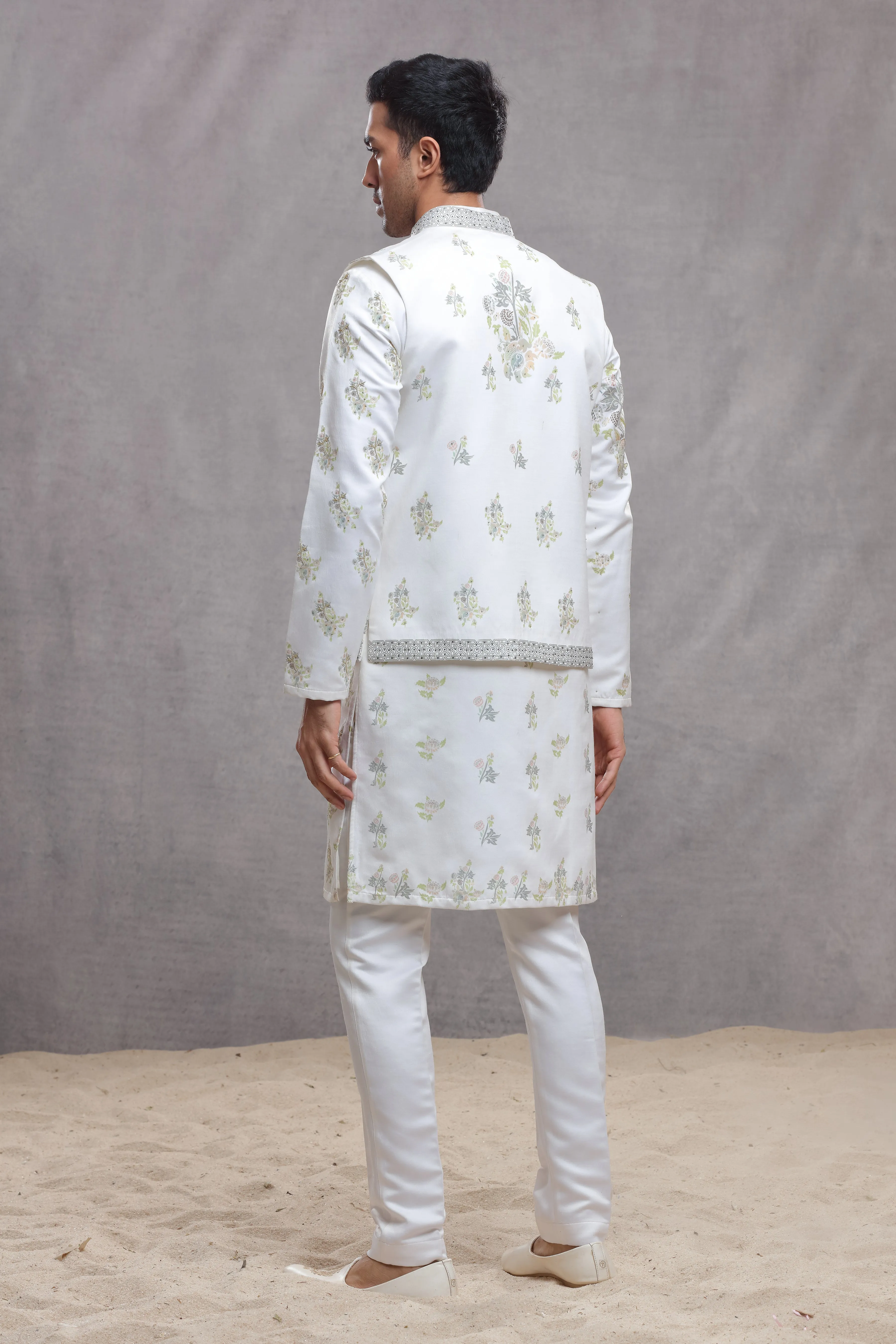 White Silk Koti & Kurta with Hand Paint & Embroidery