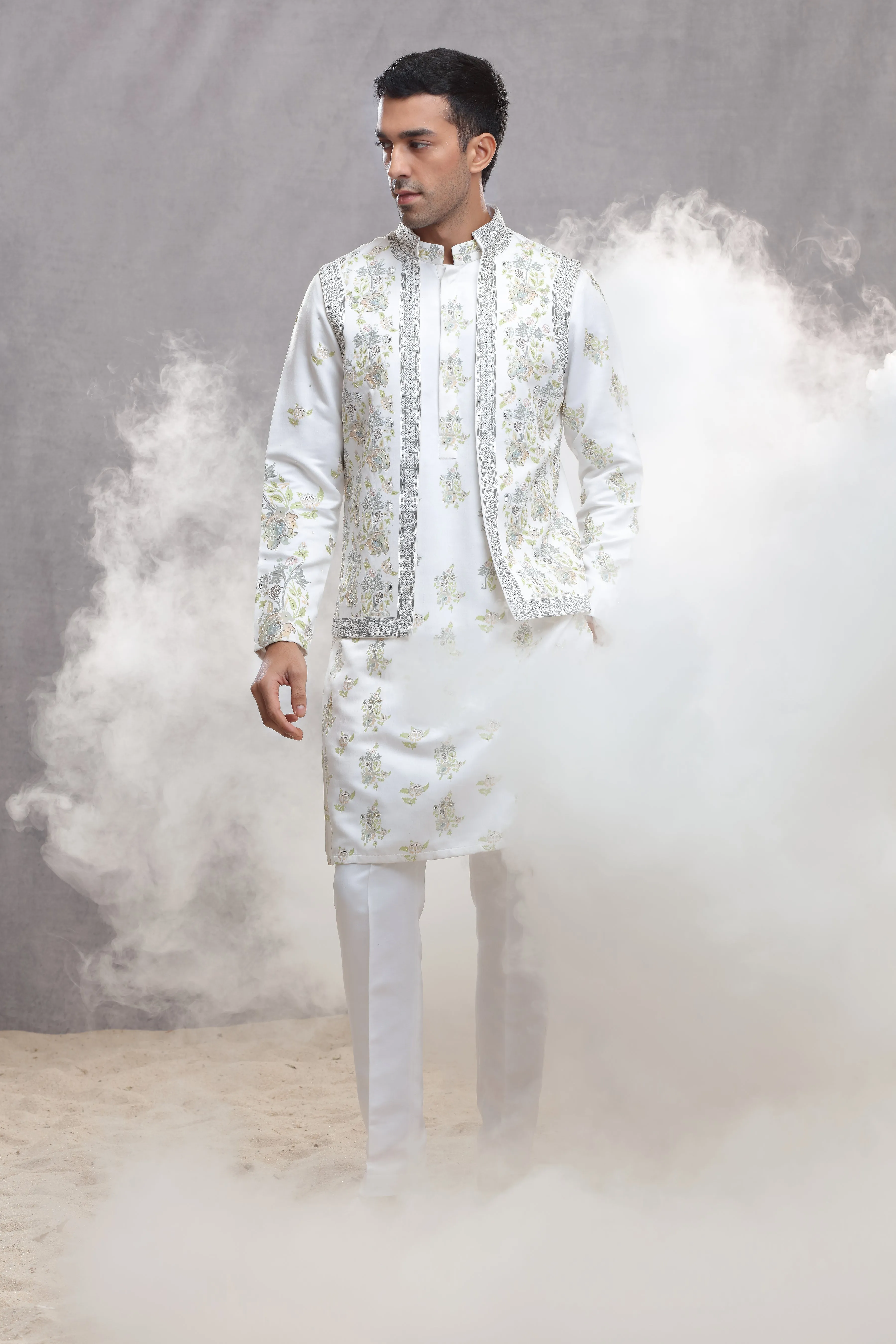 White Silk Koti & Kurta with Hand Paint & Embroidery