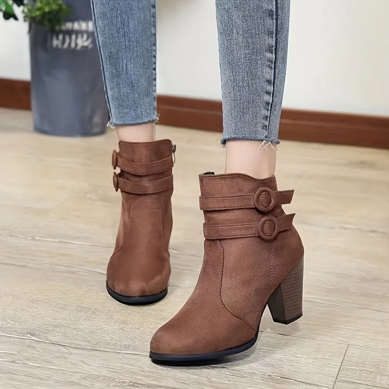 Women's Block Heeled Short Boots, Casual Buckle Strap Side Zipper Boots, Comfortable Ankle Boots