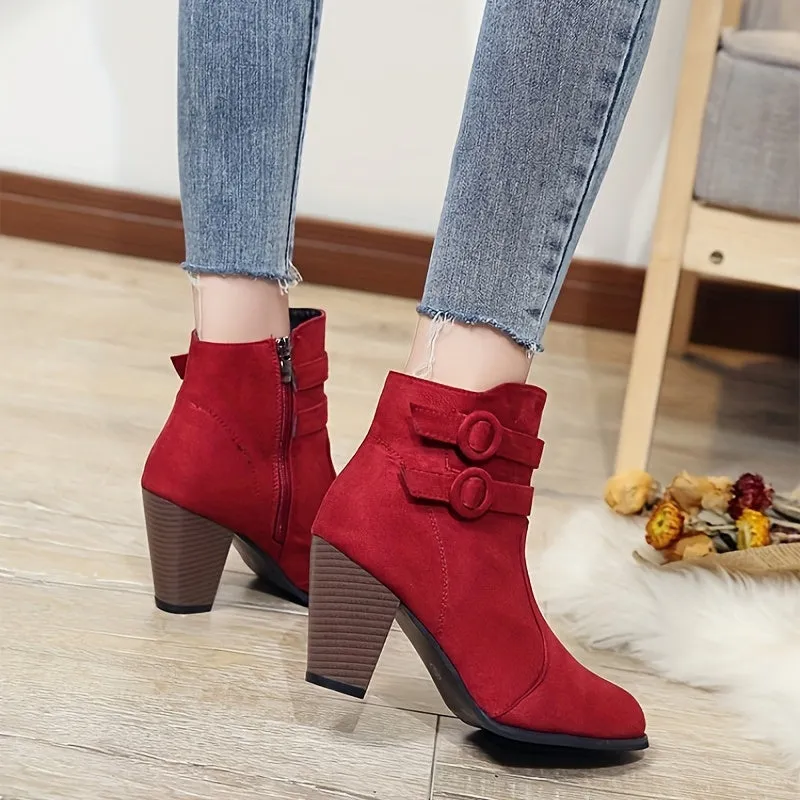 Women's Block Heeled Short Boots, Casual Buckle Strap Side Zipper Boots, Comfortable Ankle Boots