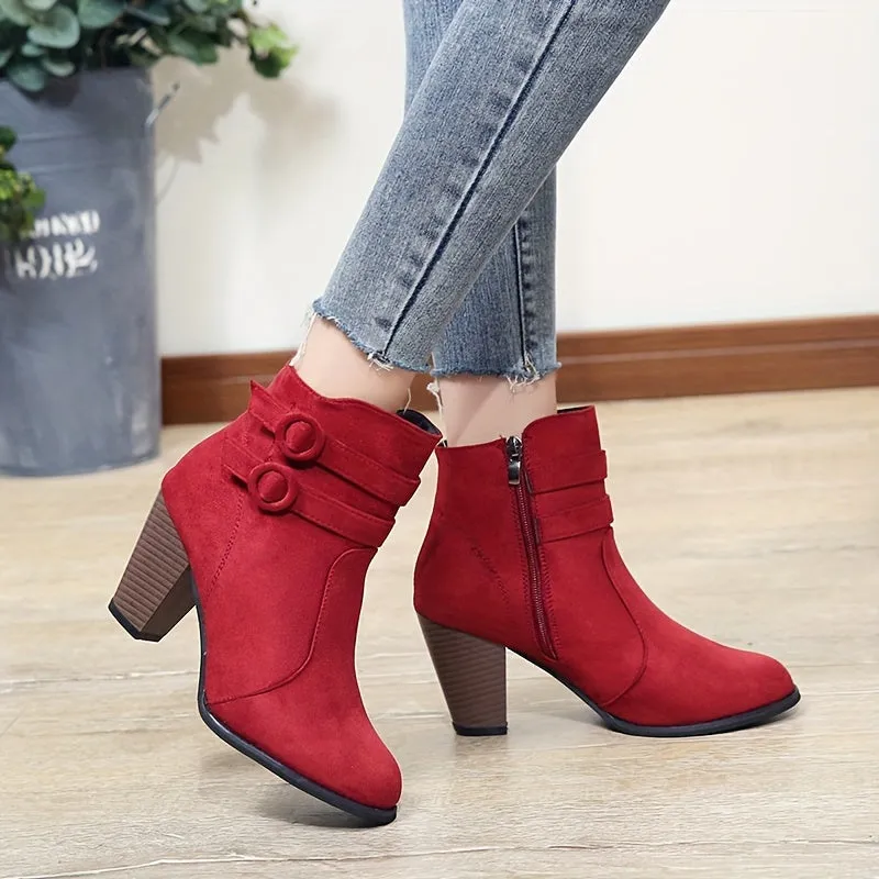 Women's Block Heeled Short Boots, Casual Buckle Strap Side Zipper Boots, Comfortable Ankle Boots