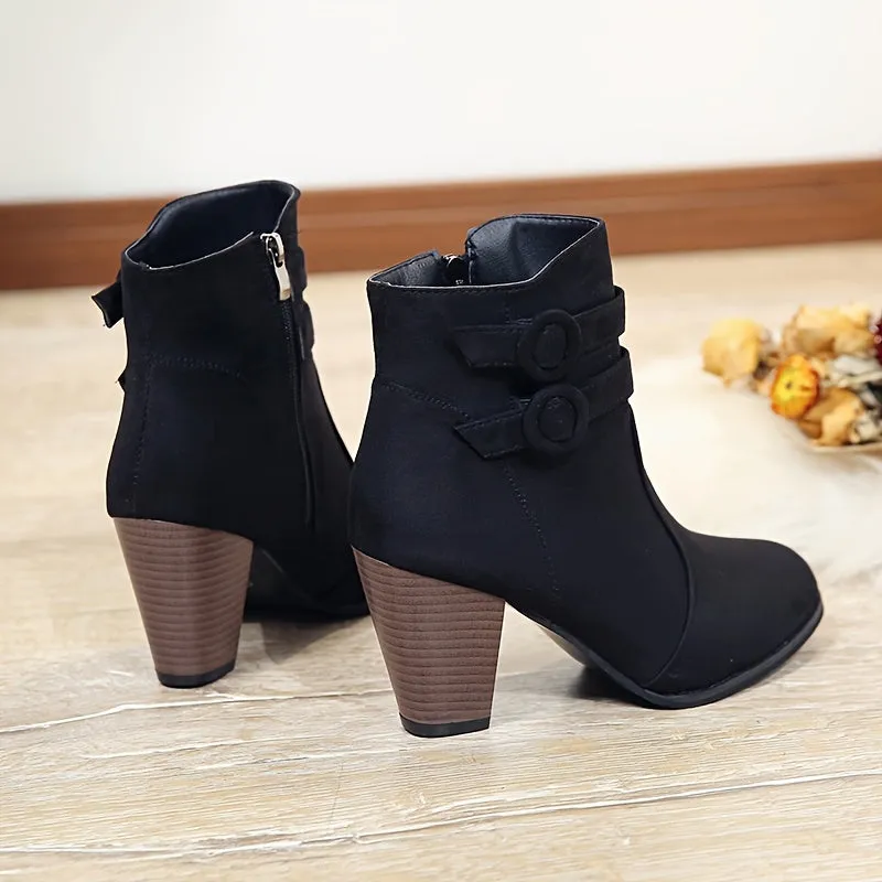 Women's Block Heeled Short Boots, Casual Buckle Strap Side Zipper Boots, Comfortable Ankle Boots