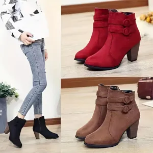 Women's Block Heeled Short Boots, Casual Buckle Strap Side Zipper Boots, Comfortable Ankle Boots