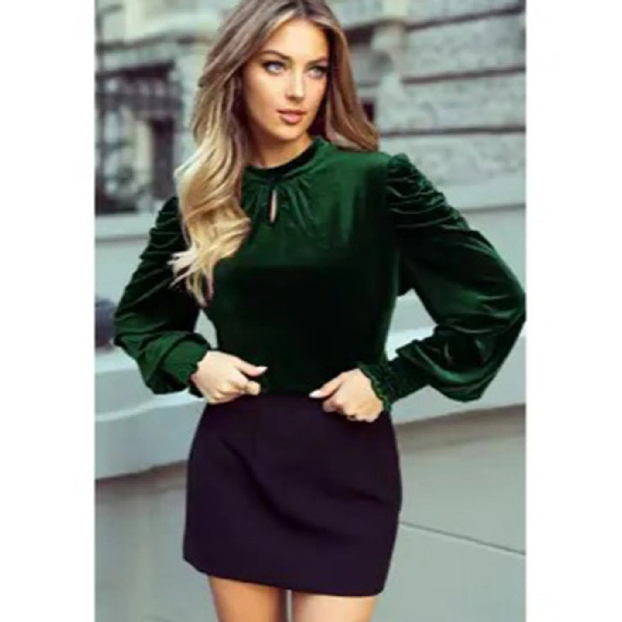 Women's Green Velvet Puff Sleeve Blouse