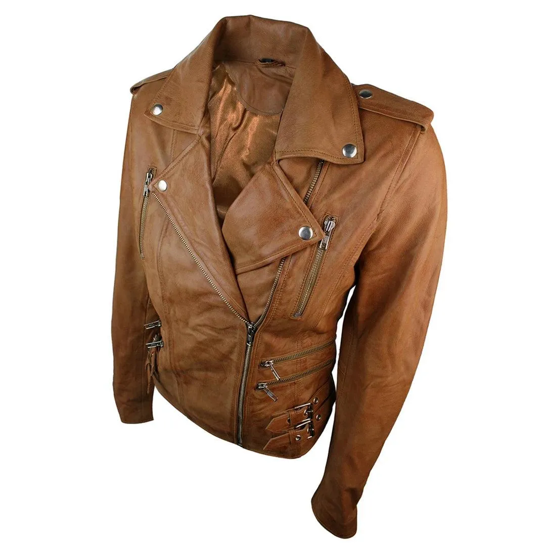 Womens Ladies Real Soft Leather Racing Style Biker Jacket