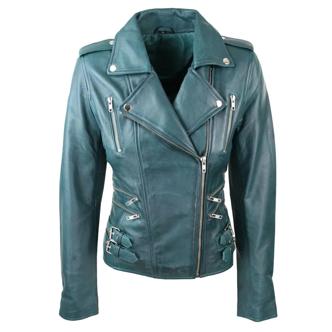 Womens Ladies Real Soft Leather Racing Style Biker Jacket