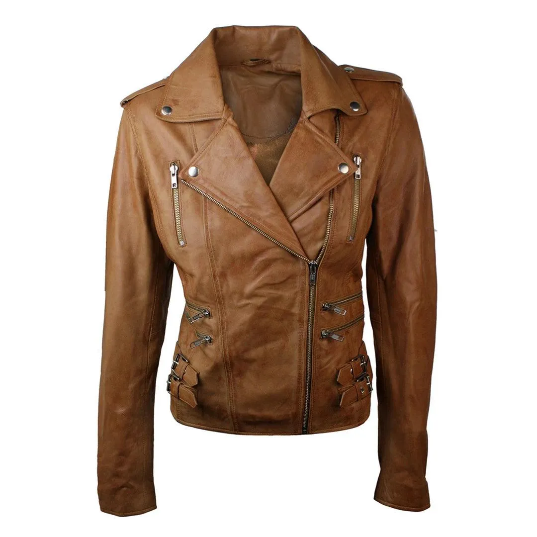 Womens Ladies Real Soft Leather Racing Style Biker Jacket