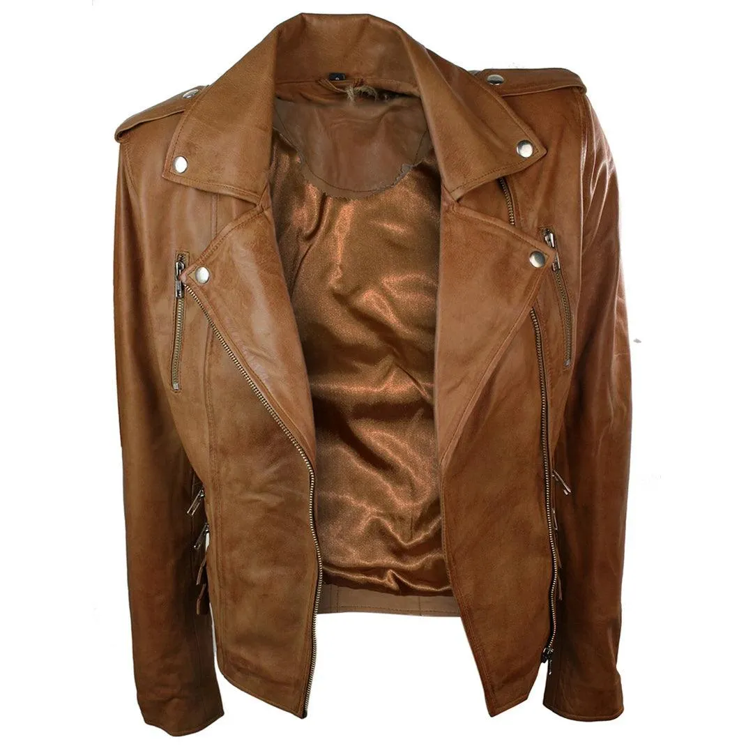 Womens Ladies Real Soft Leather Racing Style Biker Jacket