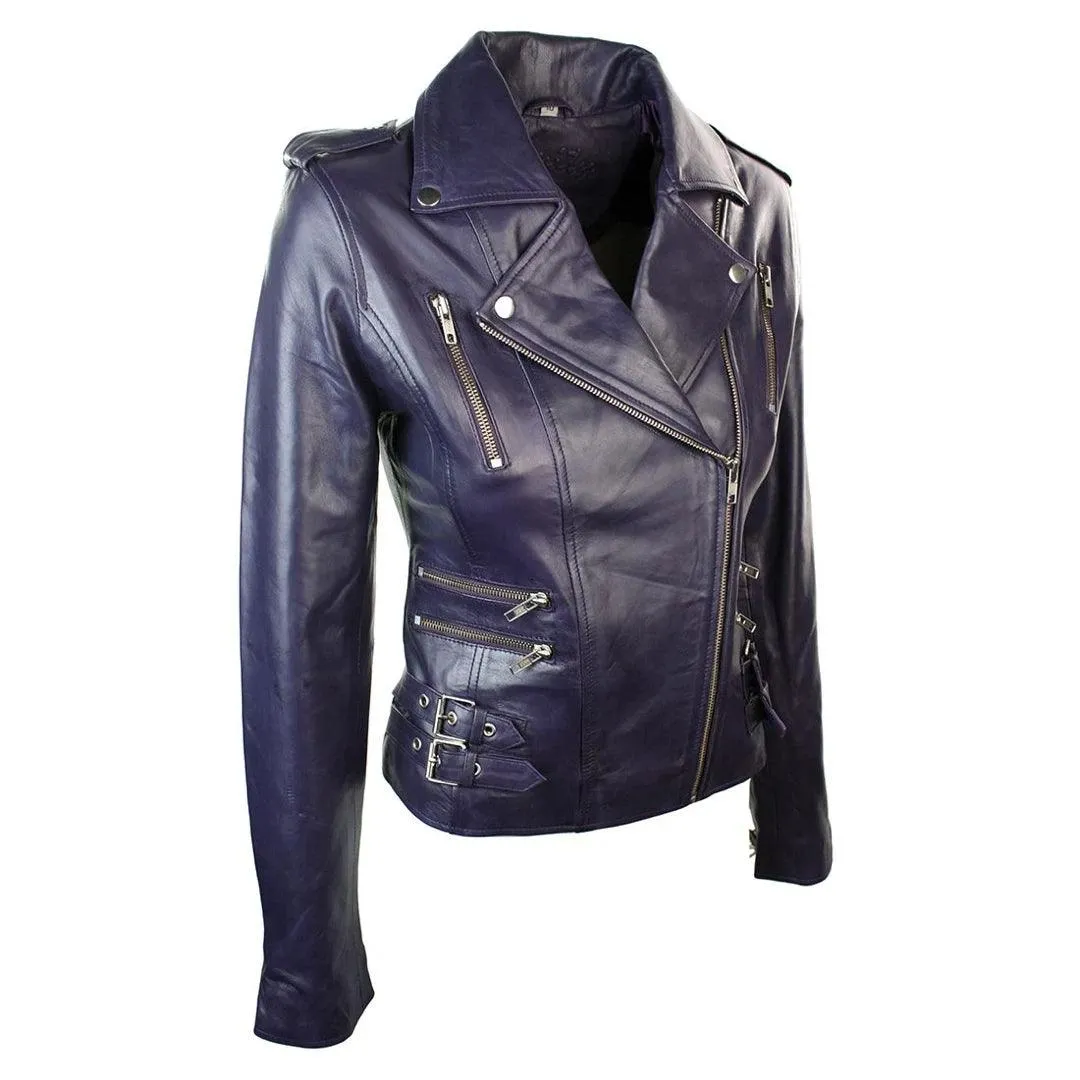 Womens Ladies Real Soft Leather Racing Style Biker Jacket