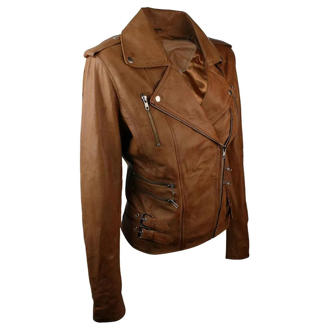 Womens Ladies Real Soft Leather Racing Style Biker Jacket