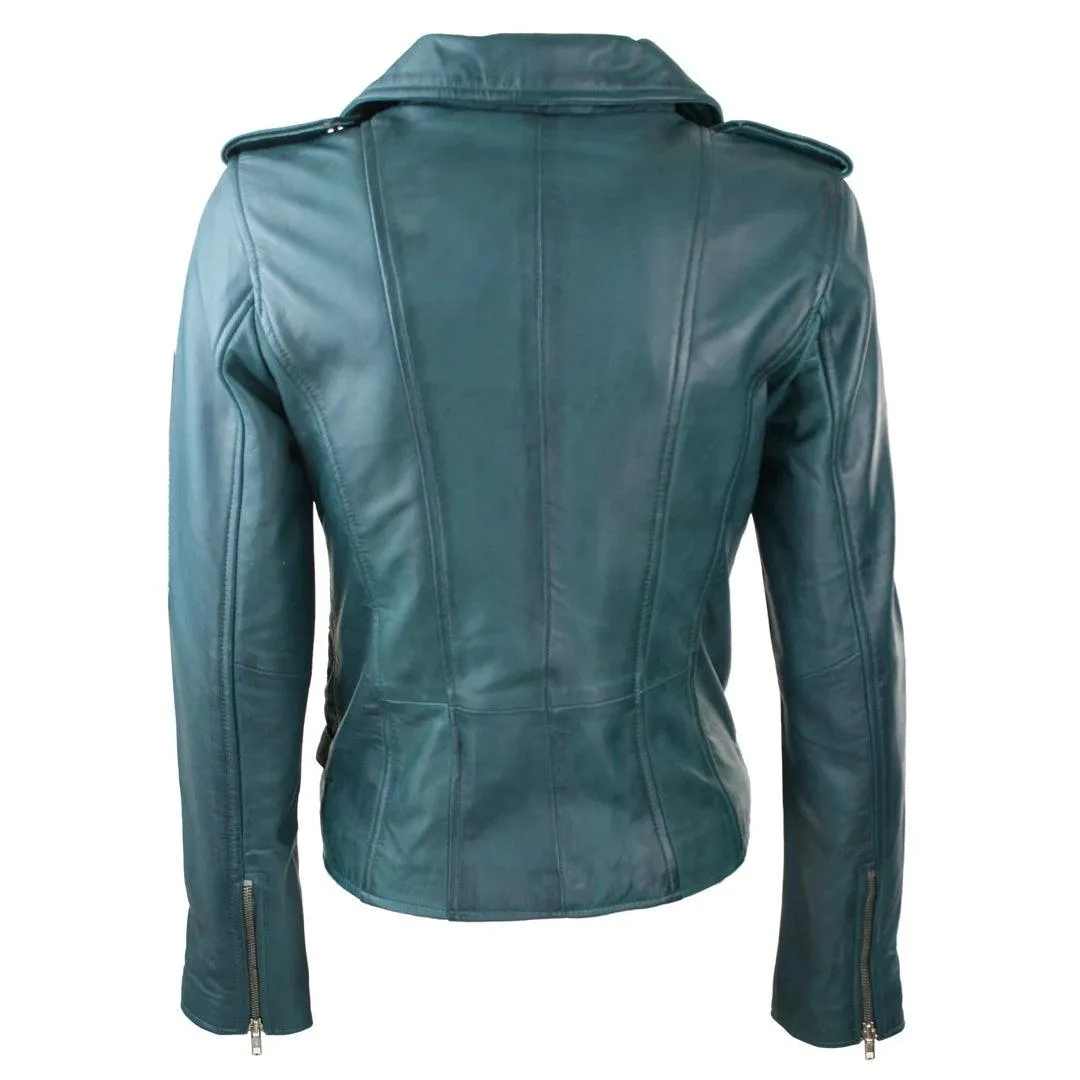 Womens Ladies Real Soft Leather Racing Style Biker Jacket