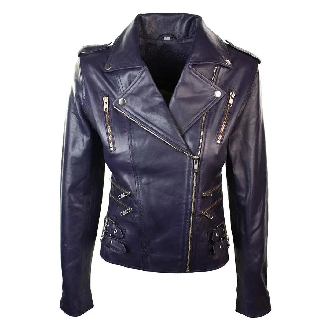 Womens Ladies Real Soft Leather Racing Style Biker Jacket