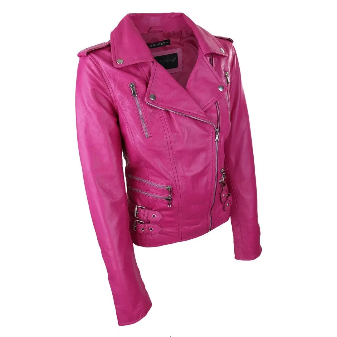 Womens Ladies Real Soft Leather Racing Style Biker Jacket