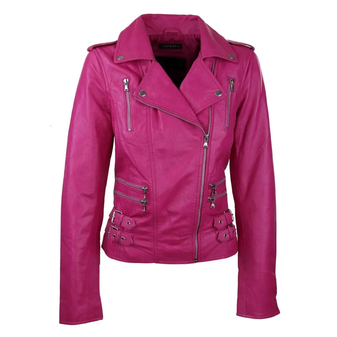 Womens Ladies Real Soft Leather Racing Style Biker Jacket