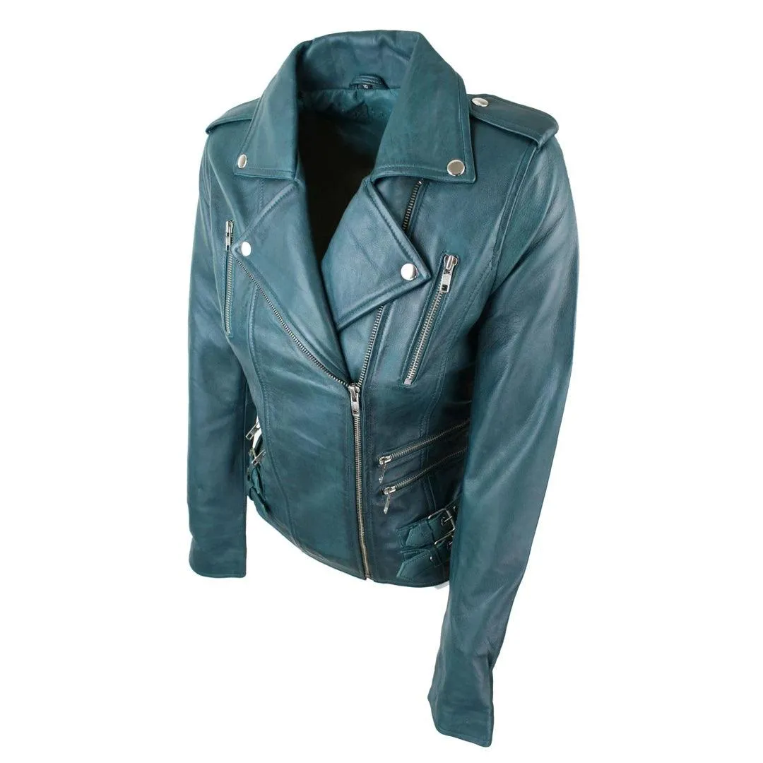 Womens Ladies Real Soft Leather Racing Style Biker Jacket