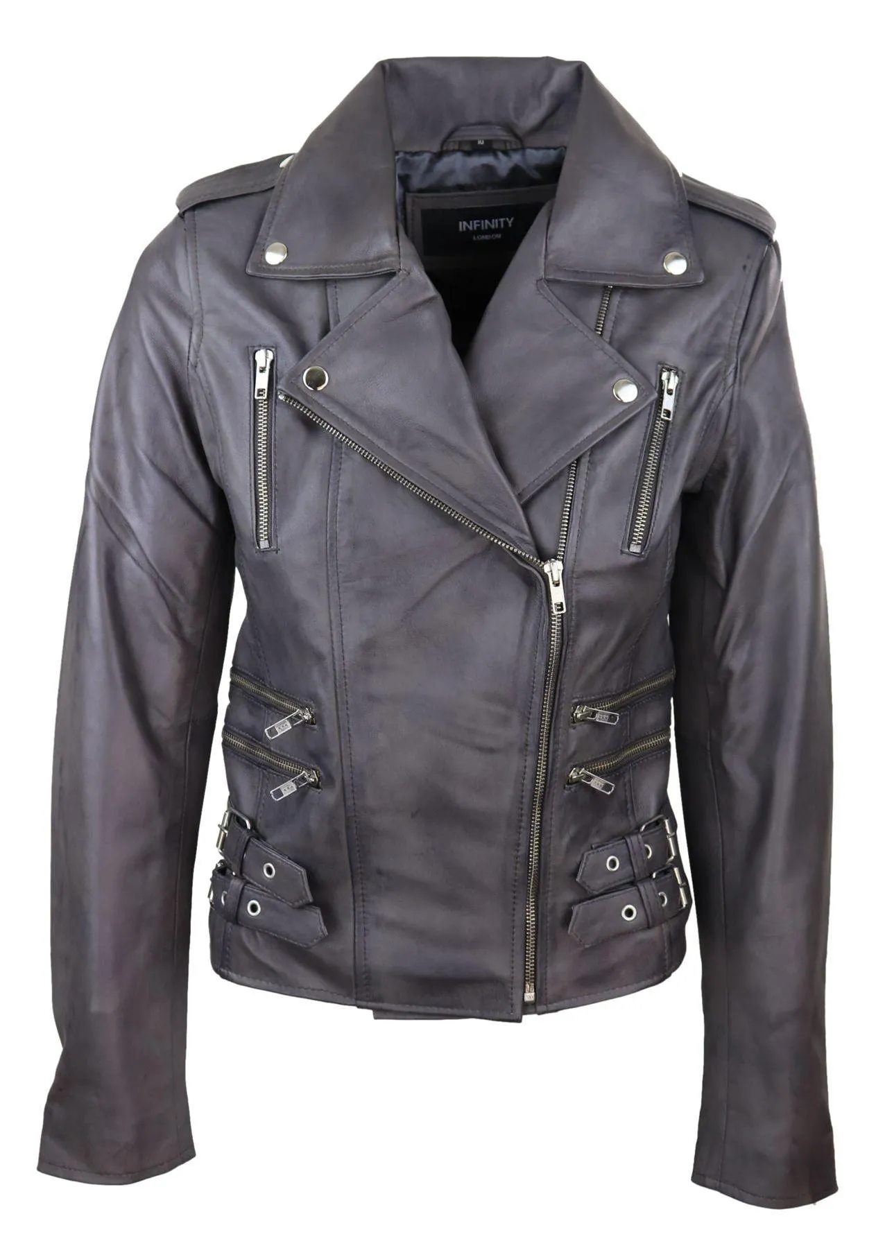 Womens Ladies Real Soft Leather Racing Style Biker Jacket