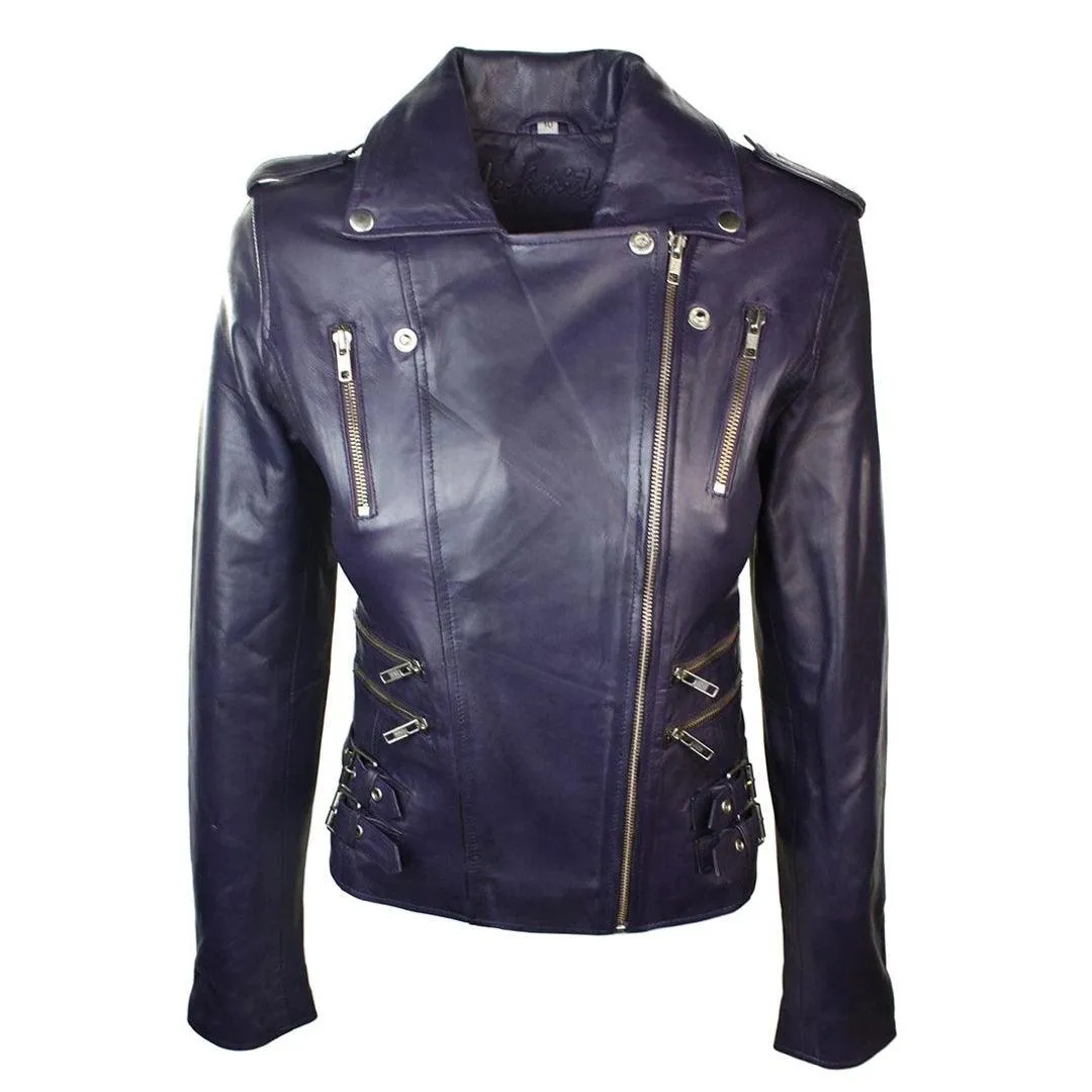 Womens Ladies Real Soft Leather Racing Style Biker Jacket