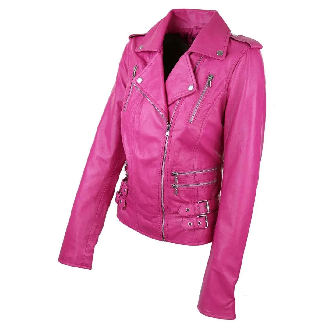 Womens Ladies Real Soft Leather Racing Style Biker Jacket