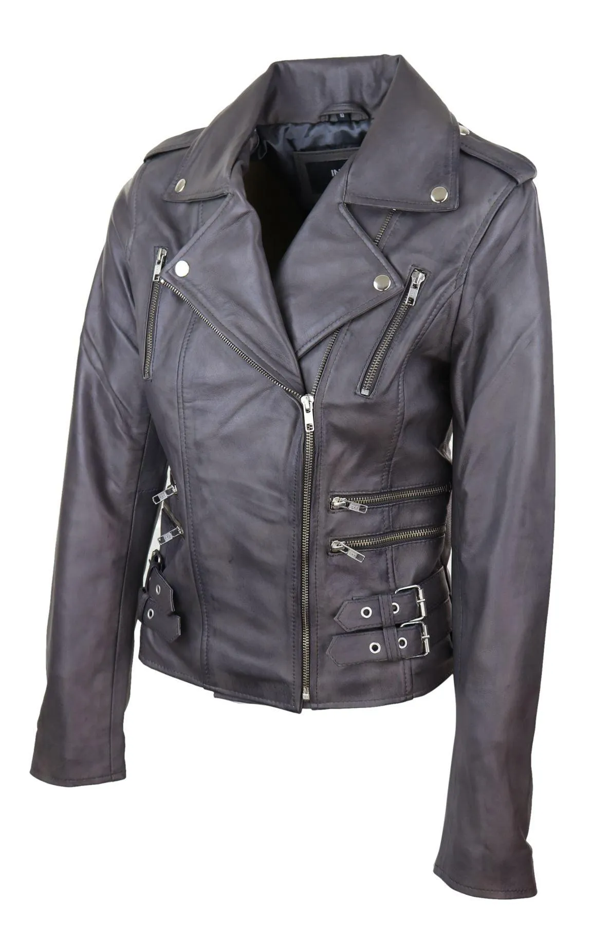 Womens Ladies Real Soft Leather Racing Style Biker Jacket