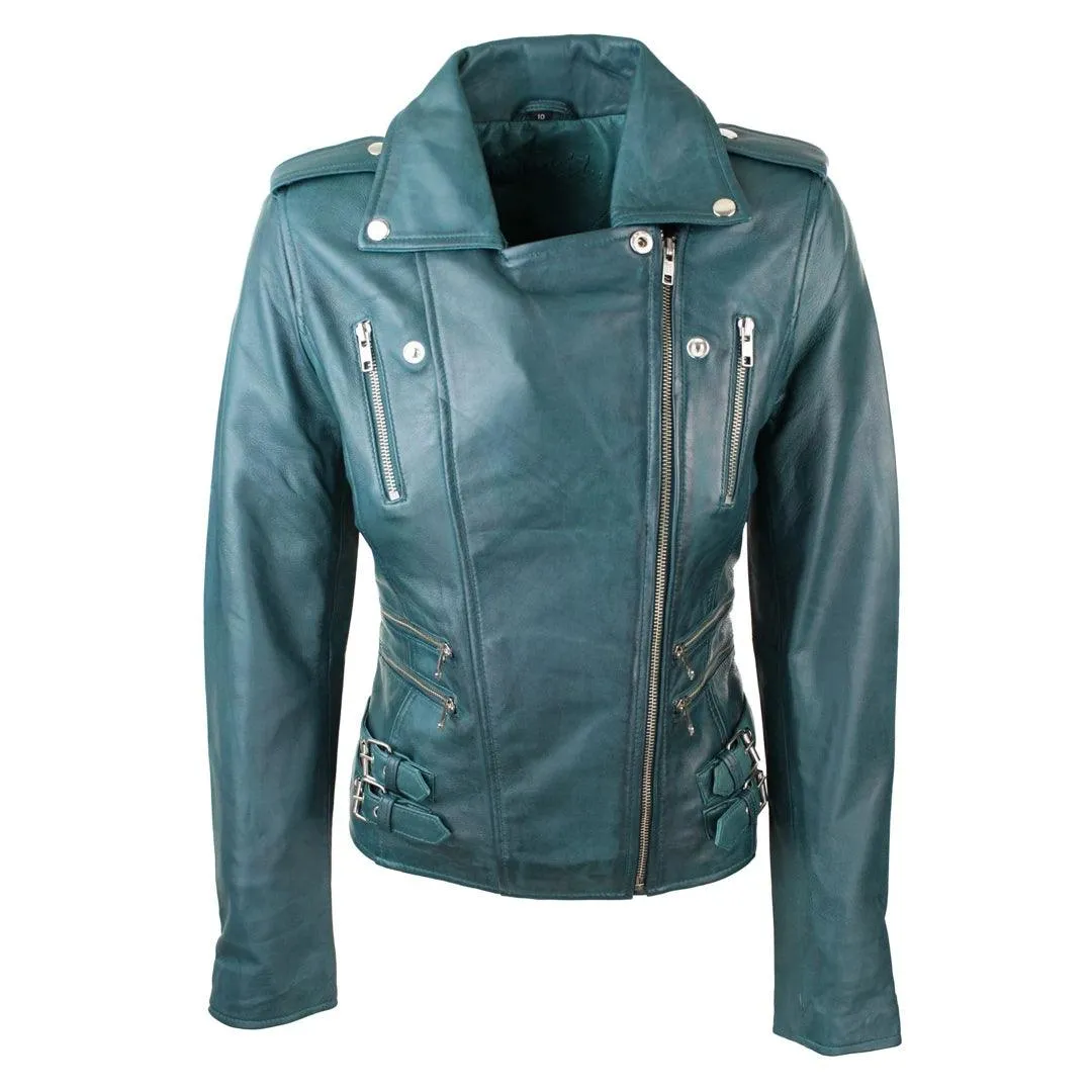 Womens Ladies Real Soft Leather Racing Style Biker Jacket