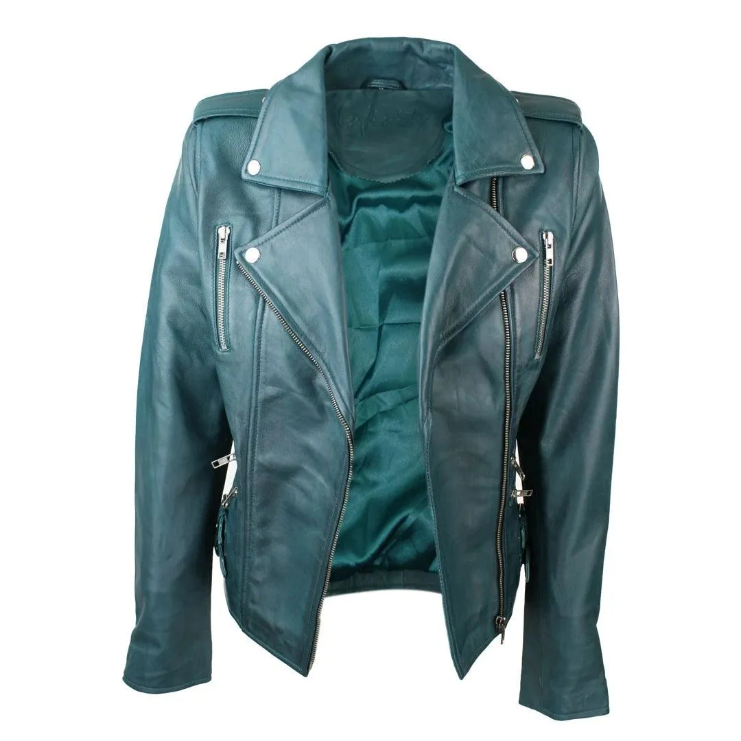 Womens Ladies Real Soft Leather Racing Style Biker Jacket