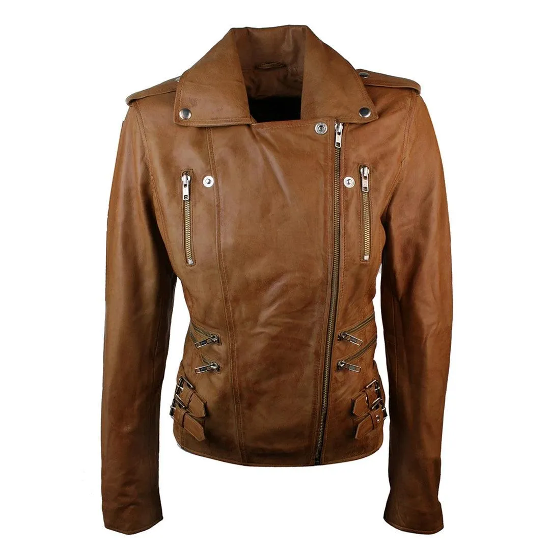 Womens Ladies Real Soft Leather Racing Style Biker Jacket