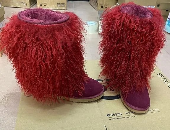 Women's Real Mongolian Sheep High Boot Fluffy Furry Wool Lining Long Curly Wool Snow Boots