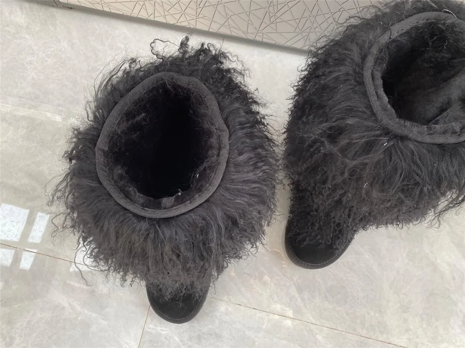 Women's Real Mongolian Sheep High Boot Fluffy Furry Wool Lining Long Curly Wool Snow Boots