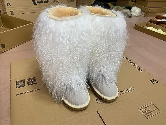 Women's Real Mongolian Sheep High Boot Fluffy Furry Wool Lining Long Curly Wool Snow Boots