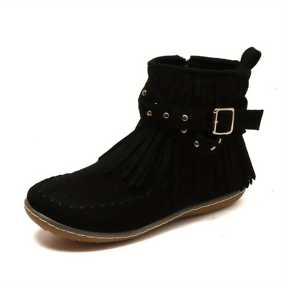 Women's Tassel Decor Short Boots, Casual Metal Beads Decor Side Zipper Boots, Comfortable Ankle Boots